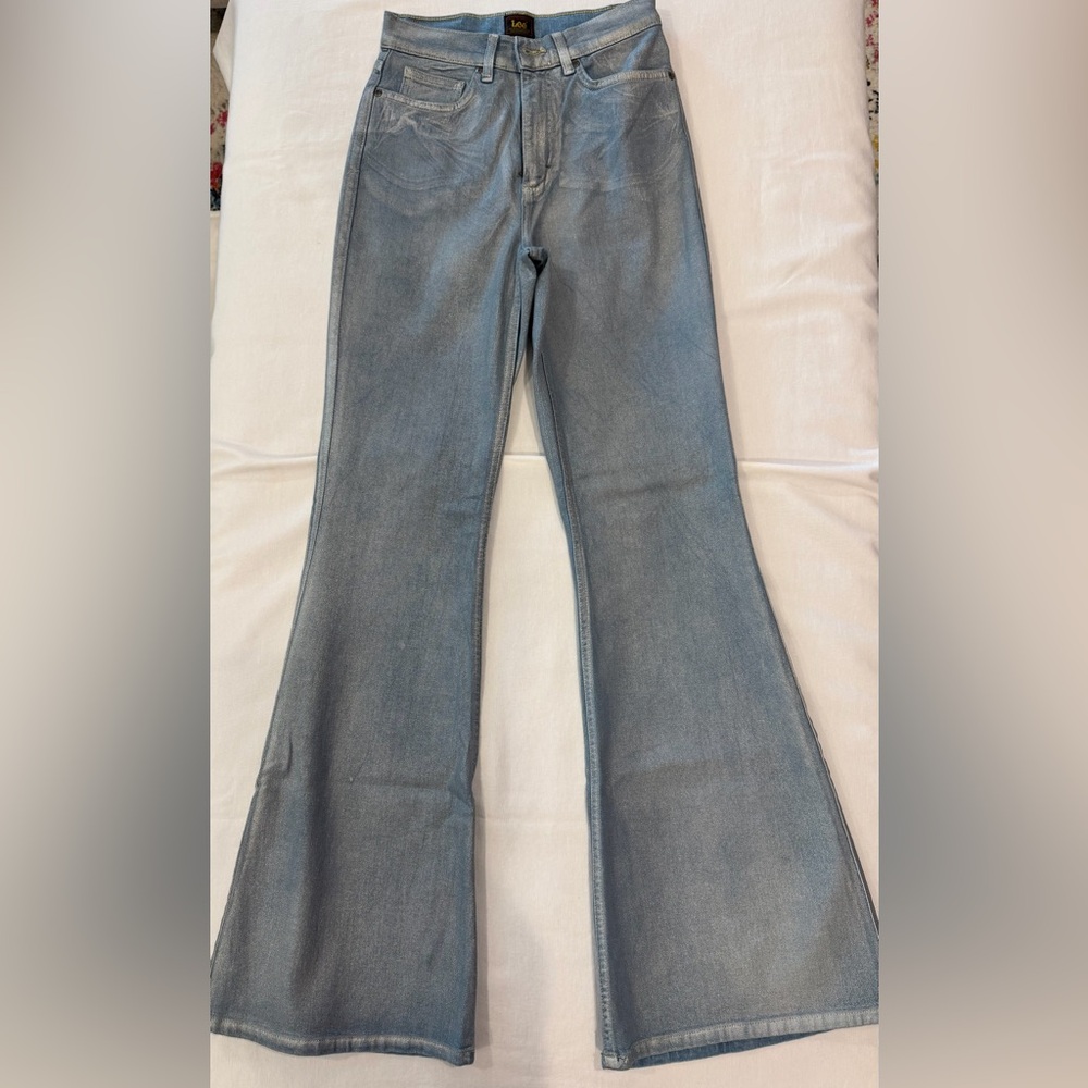 Anthropologie Lee Jeans High Rose Flare in Metallic Denim Size 27